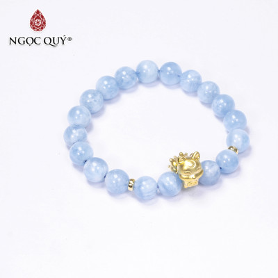 Vòng tay đá Aquamarine phối hồ ly mạ vàng size hạt 9mm mệnh thủy, mộc - Ngọc Quý Gemstones
