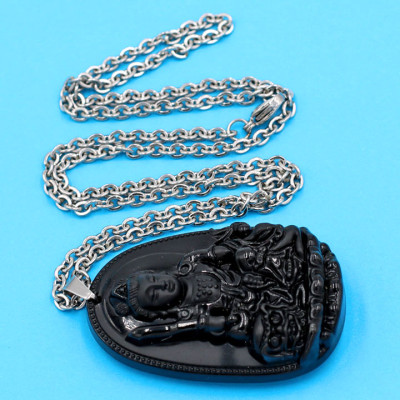 Vòng cổ mặt Văn Thù Bồ Tát - thạch anh đen 4.3cm DITTEO3 - dây inox - tuổi Mão