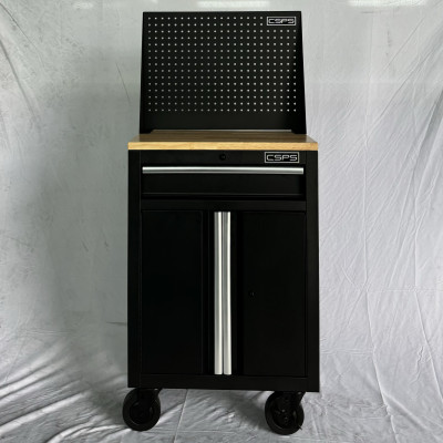 Tủ dụng cụ CSPS 61cm - 01 hộc kéo màu đen bánh xe ván gỗ vách lưới (tay cầm trắng)