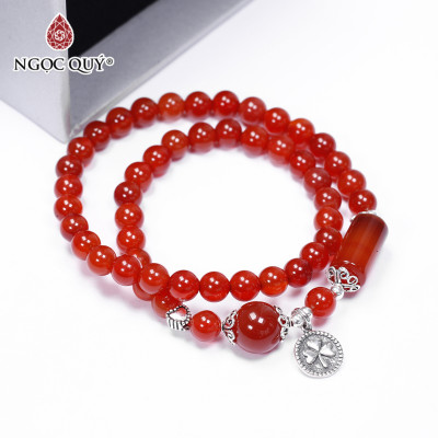 Vòng 2 line đá mã não đỏ phối charm bạc size hạt 6mm mệnh hỏa thổ - Ngọc Qúy Gemstones