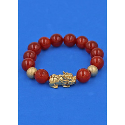 Vòng đeo tay đá Vân Rồng Đỏ 12 ly - cẩn Tỳ Hưu Phong Thủy inox vàng VVROTHHBV12 - hợp mệnh Hỏa, mệnh Thổ