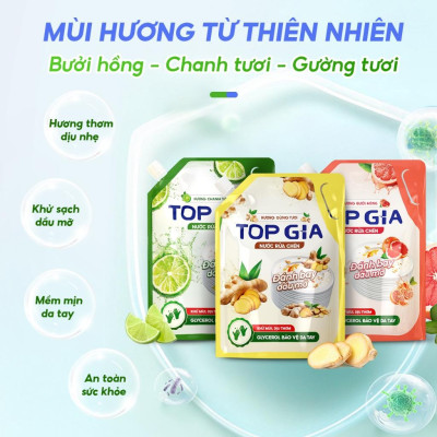 Combo 2 Túi 2L Nước Rửa Chén TOPGIA Thiên Nhiên, Làm Sạch Dầu Mỡ Hiệu Quả Và An Toàn Cho Da Tay