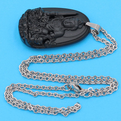 Vòng cổ phật Văn Thù Bồ Tát - thạch anh đen 3.6cm DITTEB3 - dây inox bạc - kèm hộp nhung - tuổi Mão