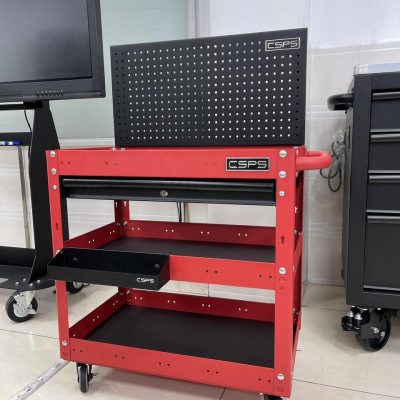 Xe đẩy 3 tầng CSPS màu đỏ, vách lưới và hộc kéo màu đen kèm khay đựng
