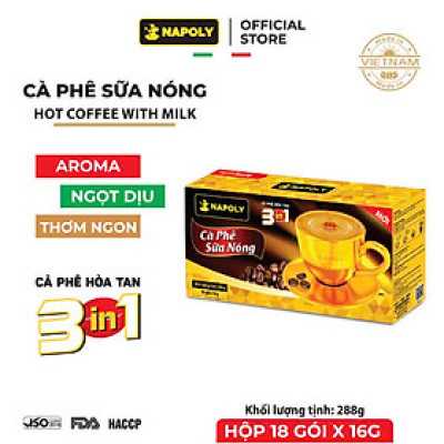 Cà phê hòa tan sữa nóng 3in1 nguyên chất Robusta/Arabica Napoli Coffee hộp lớn (18 gói x 16g)