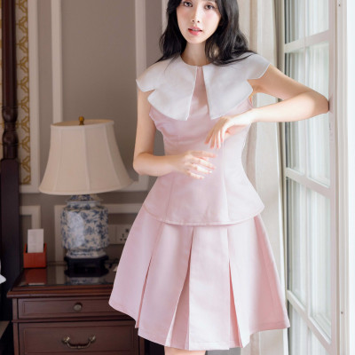Set áo váy hồng cổ sen NGADO , set áo kèm váy , set váy xếp ly