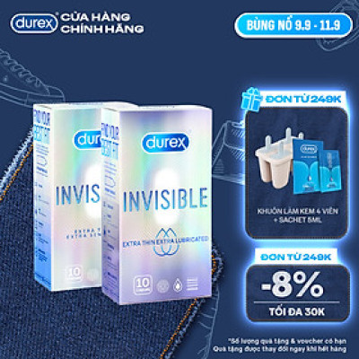 BỘ 1 HỘP BAO CAO SU siêu mỏng thêm bôi trơn DUREX INVISIBLE LUBRICATED và 1 HỘP DUREX INVISIBLE EXTRA THIN EXTRA SENSITIVE (52 mm, 10 bao/hộp)