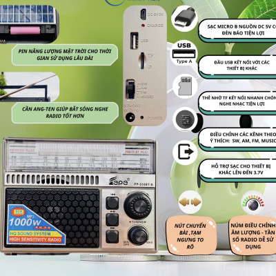 Đài radio 310BT Chất Lượng Tốt Am/Fm/Sw Đa Chức Năng Radio Với USB/Khe Cắm SD -kết nôi Bluetooth -tích hợp pin sạc-Hàng Chính Hãng