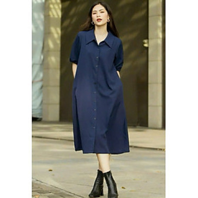 Đầm sơ mi xanh navy NGADO , đầm sơ mi rộng , đầm sơ mi Nữ