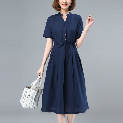 Đầm suông cổ tròn, chất liệu linen mặc dề chịu có dây thắt eo màu xanh đen da160