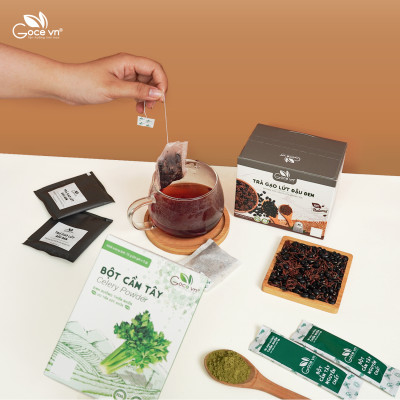 Combo Ổn định huyết áp (1 hộp Bột cần tây 72g, 1 hộp Trà gạo lứt đậu đen túi lọc 140g)