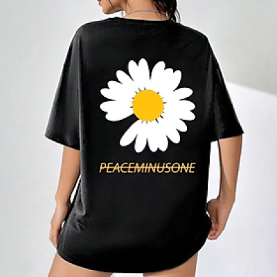 Áo Thun Nữ 100% Cotton Màu Đen In Hoa Cúc Trắng