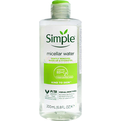 Nước tẩy trang Simple Micellar Water Gently Removes Make-up & Hydrates làm sạch và cấp ẩm cho da (200ml) - Hàng chính hãng