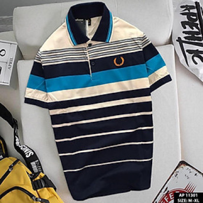 ÁO THUN NAM COTTON PHỐI SỌC LOGO THÊU