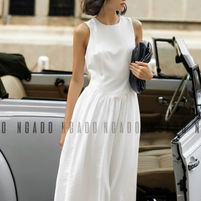 Đầm trắng xoè cổ tròn sát nách NGADO , đầm nữ , Đầm xòe nữ sát nách