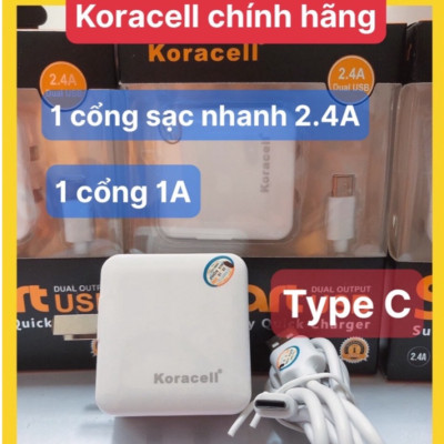 Bộ sạc nhanh Koracell 2.4A cổng Type C, có 2 cổng USB, Hàng chính hãng
