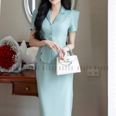 Set áo váy xanh mint bút chì NGADO , set áo váy dài , set công sở