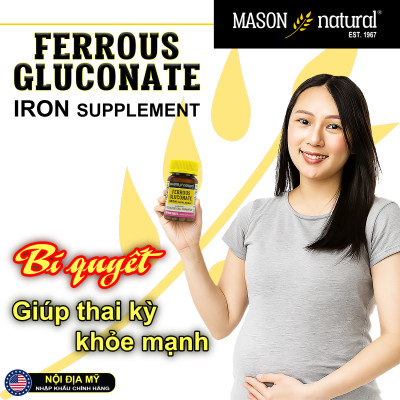 Ferrous Gluconate Mason Natural Hộp 100 viên bổ sung sắt hữu cơ dễ hấp thu không gây nóng táo bón