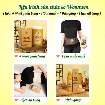 Bộ giảm eo sau sinh Wonmom ( 4 Muối quấn bụng + 1 Dầu gừng + 1 Gen nịt bụng + 1 Đai muối )