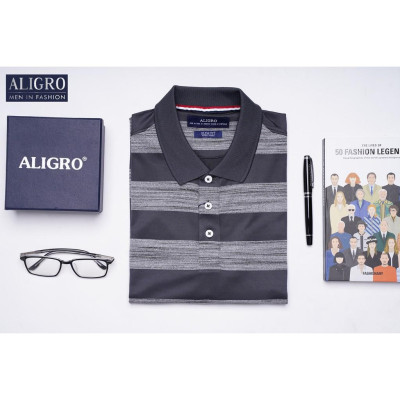Áo polo nam cộc tay kẻ ngang ghi đen aligro ALGPLO57