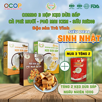 COMBO 3 Kẹo dừa sáp VICOSAP kẹo mềm dẻo ít đường đặc sản Trà Vinh
