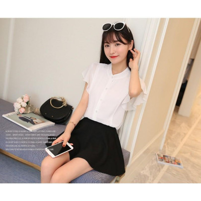 Sơ mi nữ màu trắng, áo cổ tàu tay cánh tiên S19