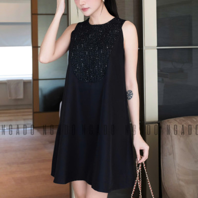 Đầm đen phối tweed NGADO , đầm nữ ngắn , đầm thời trang , đầm dự tiệc