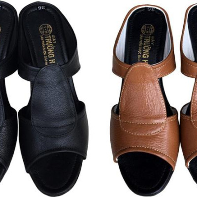 Dép nữ đế xuồng Trường Hải cao 6.5cm quai dép da bò thật không bong tróc đế cao su không trơn thời trang cao cấp DXN0822