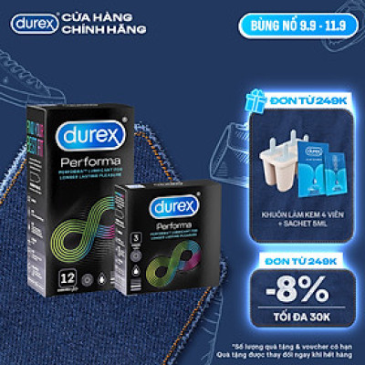 Bộ bao cao su Durex Performa kéo dài thời gian size 52mm, 1 hộp 12 bao và 1 hộp 3 bao