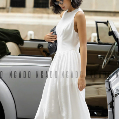 Đầm trắng xoè cổ tròn sát nách NGADO , đầm nữ , Đầm xòe nữ sát nách