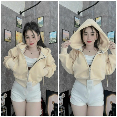 Áo khoác nỉ croptop tay dài trơn có mũ chùm đẹp hàng rất đẹp-A2029