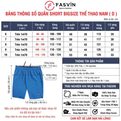 Quần đùi nam thể thao BIG SIZE FASVIN Từ 80 Đến 120KG vải co giãn mềm mát D22171.HN