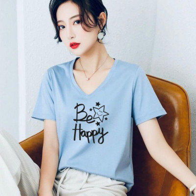 Áo thun nữ cổ tim form rộng MXM in chữ Be Happy cực dễ thương thun 4 chiều từ 45-60kg ( ANU063 )