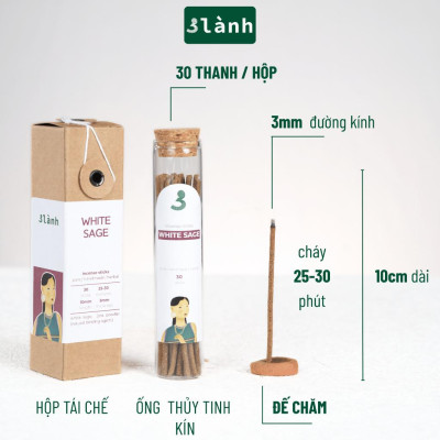 Nhang Thủ Công Xô Thơm Trắng 3 Lành Hộp 30 Que 100 % Tự Nhiên Tặng Kèm Đế Chăm Không Hóa Chất Xông Thơm