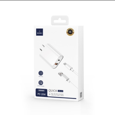 Bộ sạc Wiwu Quick 2 in 1 Wi-U002 USB to Type-C sạc nhanh 20W, có chip thông minh bảo vệ an toàn sạc - Hàng chính hãng