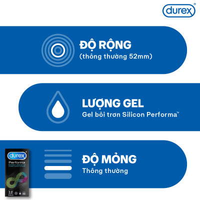 Bộ 2 hộp bao cao su Durex Performa kéo dài thời gian (size 52mm, 12 bao/hộp) và 1 chai gel bôi trơn Durex Massage 2n1 200ml