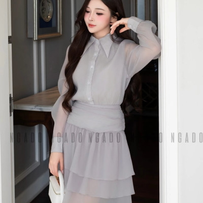Đầm xám phối voan NGADO , đầm sơ mi , đầm dài tay