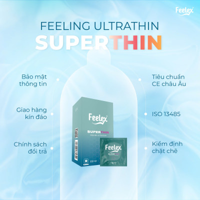 Bao cao su gia đình Feelex Superthin mỏng nhiều gel hương dâu - Hộp 30bcs