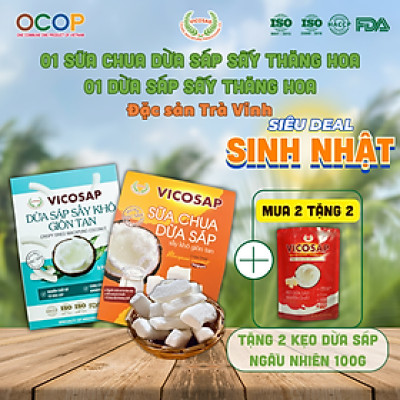 Combo 1 Dừa sáp sấy giòn 1 Sữa Chua dừa sáp sấy thăng hoa cao cấp Vicosap ít đường đồ ăn vặt healthy đặc sản Trà Vinh - Snack Food