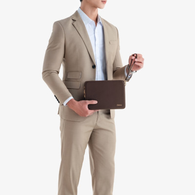 Ví Cầm Tay Clutch Da Nam Hàng Hiệu GENCE CK15 Da Bò Khóa Số Cao Cấp Màu Nâu