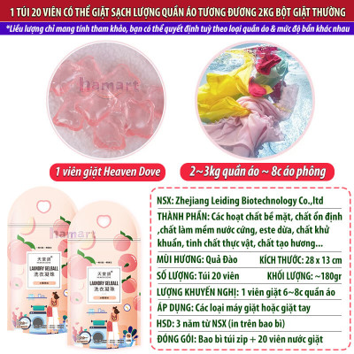 Túi 20 Viên Nước Giặt Quần Áo Hương Đào Heaven Dove 3 Trong 1 Hạt Giặt Xả Đồ Lưu Hương Tiện Lợi
