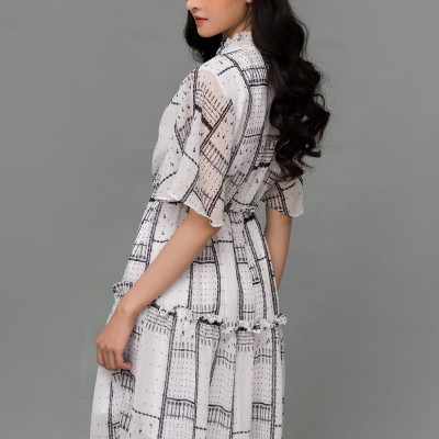 Đầm Voan Xòe Cổ Trụ Nhún Eo Maxivic, La Mộc - LM72175