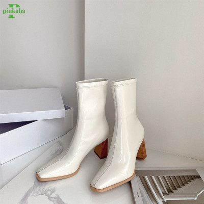 Giày Bốt Nữ Da Bóng Trắng Đen Ôm Chân Đẹp Gót 7 Phân Cổ cao Mũi Nhọn Không Có Khóa