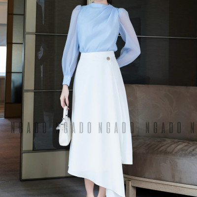 Set áo voan xanh váy trắng NGADO , set áo váy dài , set công sở