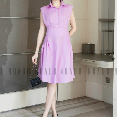 Đầm tím cổ sơ mi NGADO , đầm sơ mi Nữ , đầm công sở