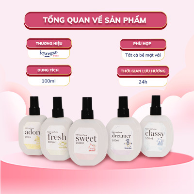 Xịt thơm quần áo Lovenose 100ml chiết xuất thiên nhiên thơm mát khửi mùi hôi và mang lại hương thơm lâu dài