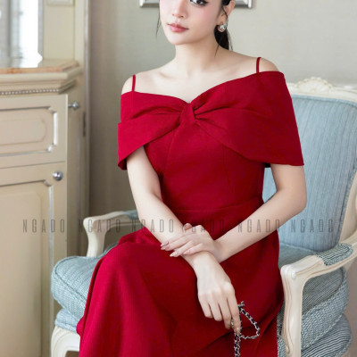 Đầm đỏ bẹt vai NGADO , đầm xòe dáng dài , đầm dự tiệc