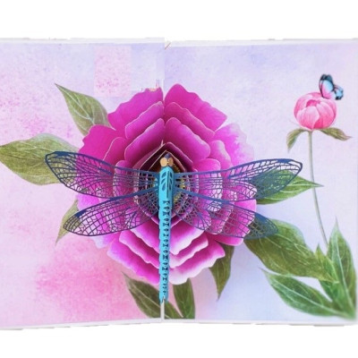 Thiệp 3D Pop Up Chuồn Chuồn & Hoa Mẫu Đơn – Thiệp Hoa Nghệ Thuật, Thiệp Chúc Mừng, Sinh Nhật, F08