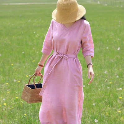 Đầm suông linen nữ cổ V, thiết kế trơn basic, thời trang nữ thanh lịch, nhẹ nhàng NH198 hồng
