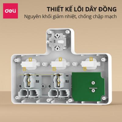 Ổ Cắm Chia Điện Deli, Ổ Cắm Điện Chữ T Công Suất 2500W Tích Hợp Cổng USB &TypeC Sạc Nhanh 20W